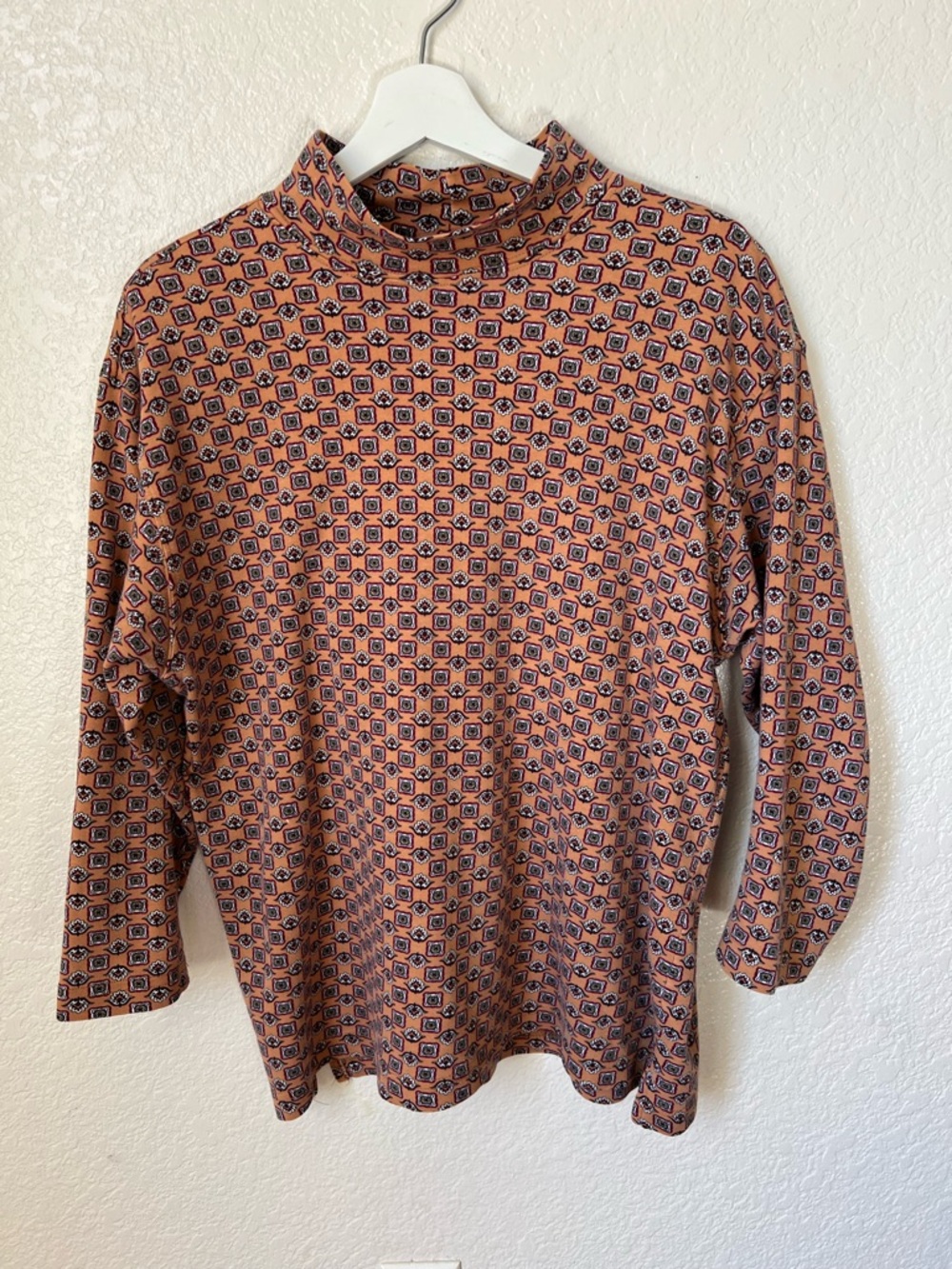White Stag Plus Vintage 70s Style Mock Neck Geometric Print Top